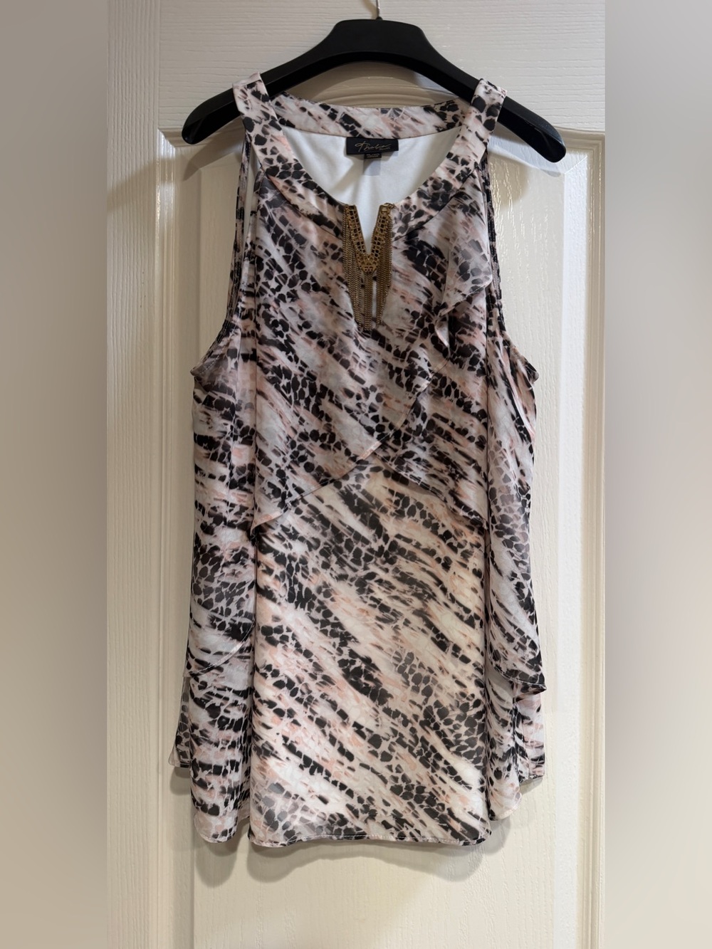 Thalia Sodi Layered Hardware/Chain Keyhole Sleeveless Animal Print Top